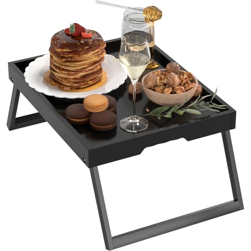 Bamboo Bed Tray Table with Folding Legs, Large, Black | Large FSC-certified bamboo bed tray with folding legs, handles and raised edges for meals, laptops, reading and serving. - color: Black, size: Large
