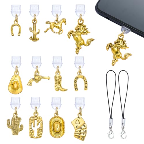 12Pcs Dust Plug Charm Type C Cute Phone Dust Plug Charm with Golden Cowboy Pendants for Most USB C Phone,E-Readers, Reading Lover Accessory Decorations Gifts - color: Golden cowboy