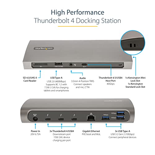 StarTech Thunderbolt 4 Dock, MacBook Pro/Air M1-M5, Dual 4K 60Hz, 8K, 96W | Thunderbolt or USB4, 4x USB-A (3x 10Gbps and 1x fast charge), SD card reader, Gigabit Ethernet, Includes TB4 cable