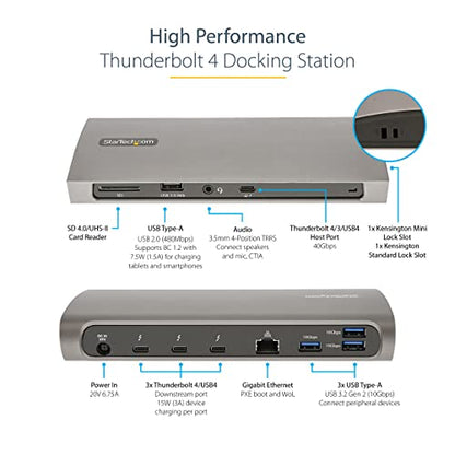 StarTech Thunderbolt 4 Dock, MacBook Pro/Air M1-M5, Dual 4K 60Hz, 8K, 96W | Thunderbolt or USB4, 4x USB-A (3x 10Gbps and 1x fast charge), SD card reader, Gigabit Ethernet, Includes TB4 cable