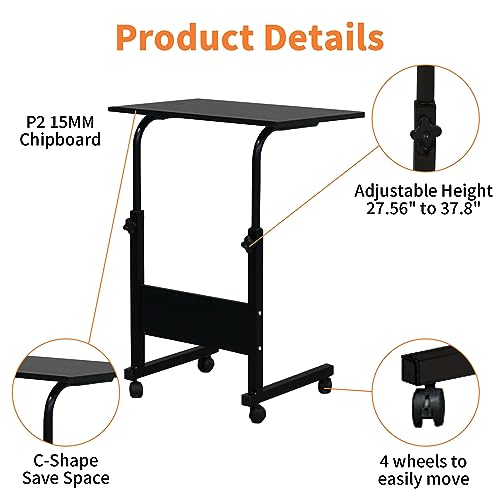 Karl home Small Side Mobile Table 23.6 inch Computer Desk with Wheels Height Adjustable Rolling Potable Laptop Cart, C-Shaped Bed Couch End Tables with Edge Stopper for Living Room Bedroom, Black - color: Black, size: 23.6"+No Power Sockets