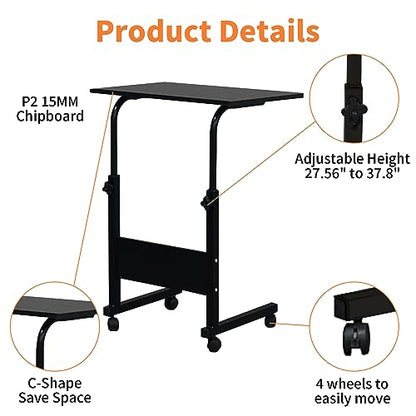 Karl home Small Side Mobile Table 23.6 inch Computer Desk with Wheels Height Adjustable Rolling Potable Laptop Cart, C-Shaped Bed Couch End Tables with Edge Stopper for Living Room Bedroom, Black - color: Black, size: 23.6"+No Power Sockets