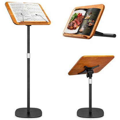 2 in 1 Dual-use Music Stand & Desktop Book Stand, Adjustable Height 16.5"-51", 100% Solid Wood Laptop Floor Stand Book Holder with Elastic Page Clips for Cookbooks (Brown) - color: Brown