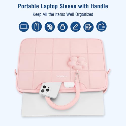 MOSISO Laptop Case 16 inch, 15-15.6 inch Puffy Laptop Sleeve Compatible with MacBook Pro 16 M5 M4 M3 M2 M1,HP Acer Dell Lenovo Notebook,Rectangle Quilted Bag with Handle&Flower Pendant, Pink - color: Pink, size: 16 inch