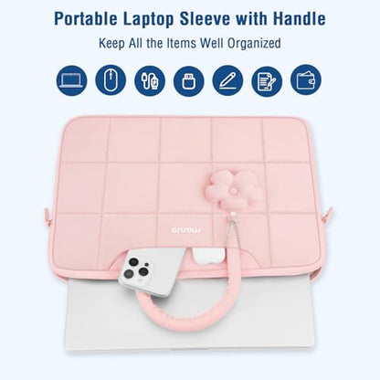 MOSISO Laptop Case 14 inch,14 inch Puffy Laptop Sleeve Compatible with HP Lenovo Dell ASUS Acer/HP Stream/Dell Latitude/Lenovo IdeaPad, Rectangle Quilted Bag with Handle&Flower Pendant, Pink - color: Pink, size: 14 inch