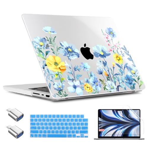 TWOLSKOO Compatible with M4 MacBook Pro 16 inch Case A3403 A3186 M3 A2991 M2 A2780 M1 A2485 Pro Max Chip, Plastic Hard Shell & Keyboard Cover & Type C Adapter & Screen Protector, Blue Flowers - color: Blue Flowers