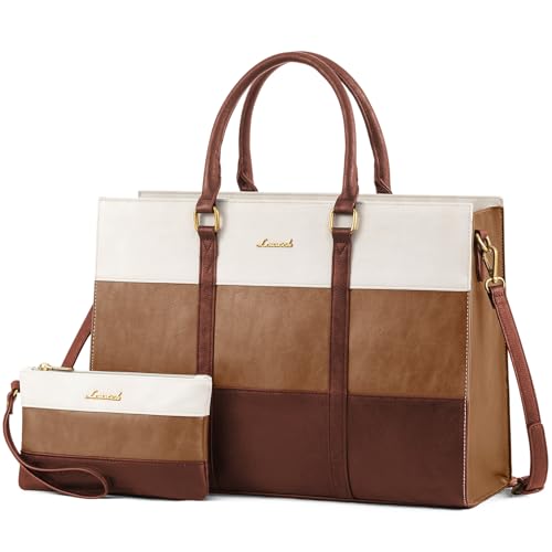 LOVEVOOK Laptop Bag for Women, 15.6 Inch Laptop Tote Bag, Vintage Leather Work Bags for Women, Waterproof Computer bag with Clutch Purse, Large Capacity Briefcase, Business Office Bag | Two-piece set - color: White - Camel - Brown, size: 15.6 inch