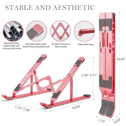 Laptop Stand for Desk, Ergonomic Lap Riser, Portable Laptop Stand, Aluminum Lightweight Foldable Notebook Support, Compatible with Laptop 10-15.6'' and Tablet, Phone (Pink)