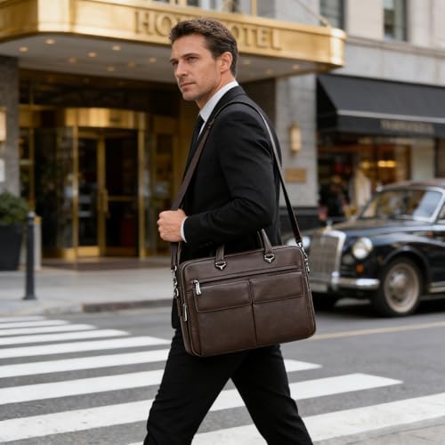 Leather Laptop Bag for Men Briefcase Fits 15.6 Inch Notebook Portable Shoulder Messenger Crossbody Bag for Travel Office - color: 821-coffee
