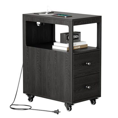 Narrow End Table with Charging Station and Wheels, Movable Narrow Sofa Side Table with USB Ports and Outlets for Small Space, Living Room, Bedroom and Office, Bedside with 4 Wheels (Black) - color: [A1] Black