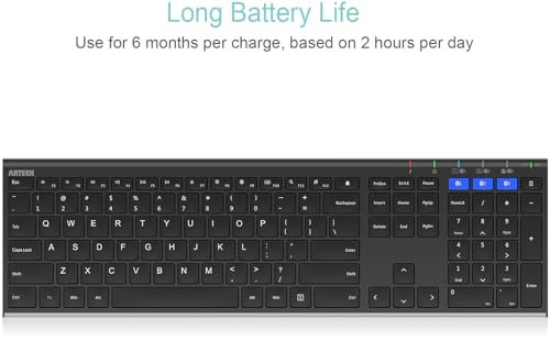 Arteck HB192 Universal Bluetooth Keyboard Multi-Device Stainless Steel Full Size Wireless Keyboard for Windows iOS Android Computer Desktop Laptop Surface Tablet Smartphone Rechargeable Battery