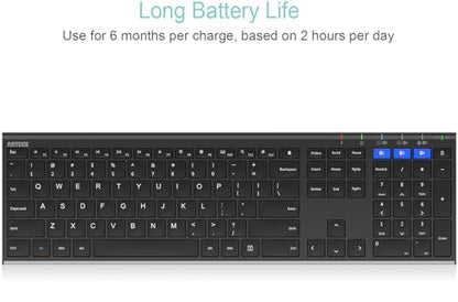 Arteck HB192 Universal Bluetooth Keyboard Multi-Device Stainless Steel Full Size Wireless Keyboard for Windows iOS Android Computer Desktop Laptop Surface Tablet Smartphone Rechargeable Battery