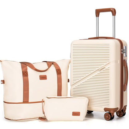 Cosbarn Carry On Luggage,3 Piece Carry On Suitcase,22x14x9 Airline Approved | Lightweight ABS Hardside Luggage, TSA-Approved Lock,Suitcases with Wheels,20Inch,Matching Duffle Bag,For Men&Women - color: Beige, style: Carry on Luggage With Duffel Bag