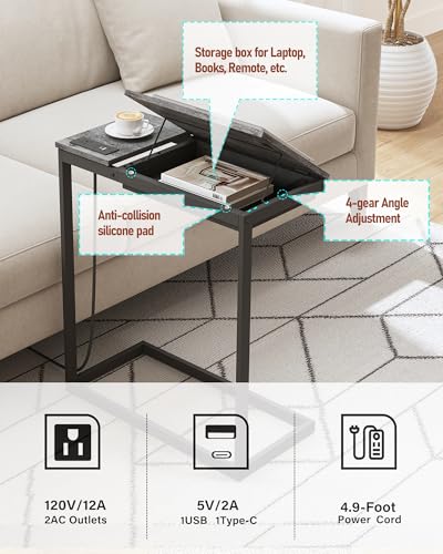 TUTOTAK Large C Shaped End Table, Side Table with Charging Station C Table | Tilting Laptop Stand with Storage, Computer Couch table for Living Room, Bedroom, Charcoal Grey TB01BY090 - color: Charcoal Grey, style: Plug