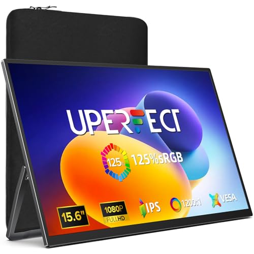 UPERFECT Portable Monitor 15.6", 125% sRGB Ultra-Slim Laptop Monitor with Protective Sleeve, Built-in Adjustment Stand | Speaker | VESA, HDMI USB-C Plug & Play Second Screen for Phone Game Console - size: 15.6-inch