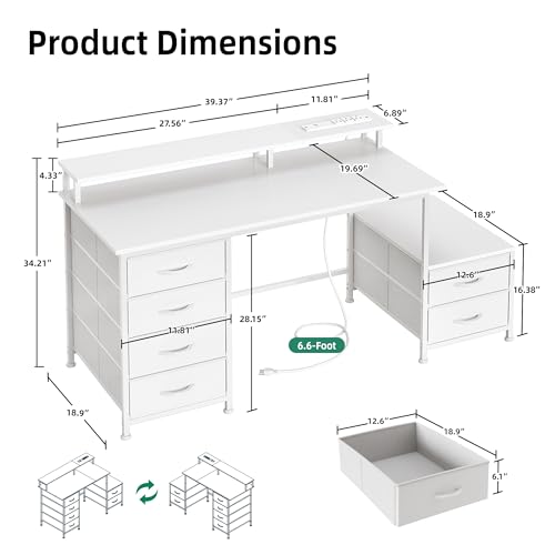 52 Inch Office Desk with 6 Drawers and Printer Space for Storage, Reversible Computer Desk with Monitor Stand & Power Outlets, Home Office Desks, White - color: White