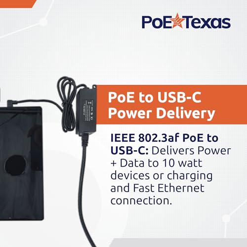 PoE Texas 802.3af PoE to USB-C Adapter - 10 watt Power & Fast Ethernet for iPad mini, Air, Samsung Tab, Surface Go, Google Pixel - Integrated Angle Cable Converter for Tablets, Kiosks, POS - size: 5 Volt 12 Watt - USB-C + Data