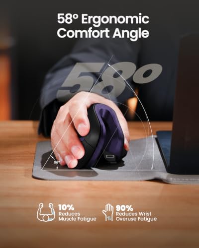 ProtoArc EM11 NL Wireless Ergonomic Mouse, Rechargeable, Black Purple | 58° vertical design supports a natural wrist posture, connect 3 devices via Bluetooth/2.4G USB-A, 500mAh USB-C rechargeable. - color: Black Purple