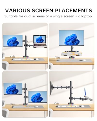 RGB Monitor and Laptop Mount Stand with 3 USB Ports, Charging and USB Data Transfer, Adjustable laptop stand for 13" to 32" Screen and 11"-17” Laptop, Holds 18lbs/Arm, 75x75/100x100 VESA, C-Clamp