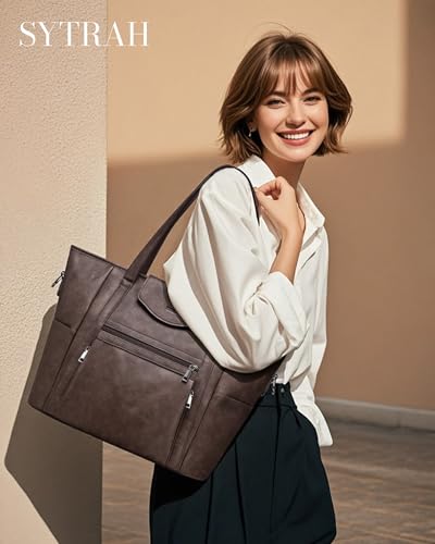 SYTRAH Laptop Bag for Women 15.6 inch Leather Backpack Purse - color: Dark Coffee