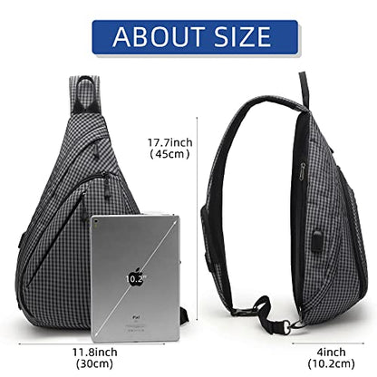 TurnWay Water-Proof Sling bag/Crossbody Backpack/Shoulder Bag with USB Charging Port for Travel, Hiking, Cycling, Camping - color: Grey Grid