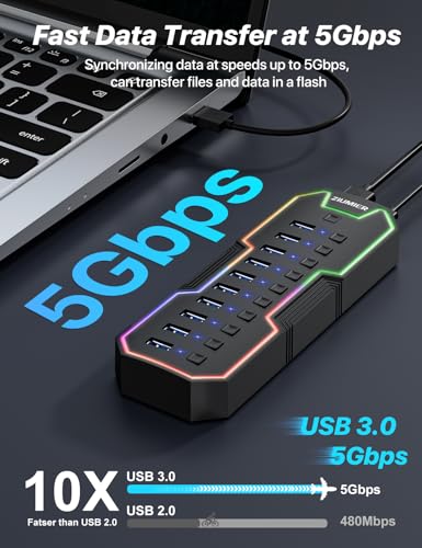 Powered USB Hub, 10 Ports USB 3.0 Hub with RGB LED Strip | 12V/2A Power Adapter USB Extension,Individual LED On/Off Switches for Mac, PC, Desktop, Flash Drive, Mobile HDD