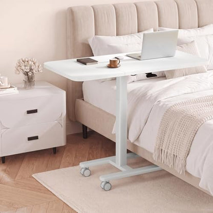 Homkdom C Shaped Table with Wheels, Side End Table with Extended Desktop, Adjustable Rolling Desk for Small Space, Dorm, Height Adjustment (29.5"-44"), White - color: White