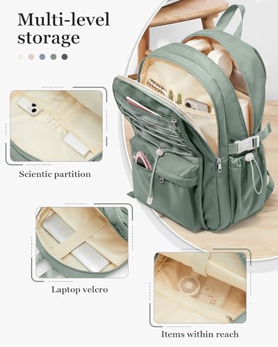 suwasp College Backpack for Women, Waterproof Laptop Backpack Fits 15.6 Inch Laptop, School Bookbag with Water Bottle Pocket, Anti Theft Work Backpack for College, Travel, Commuter, - color: Sage Green