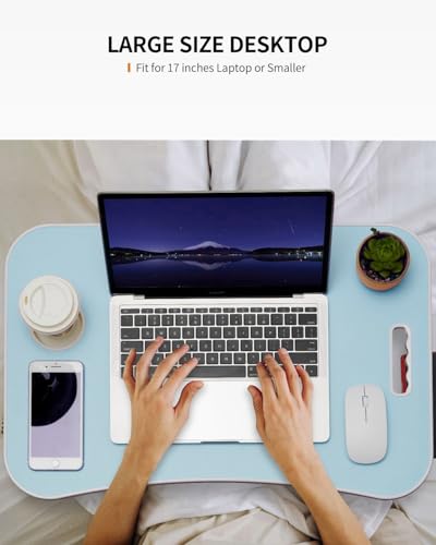 FISYOD Foldable Laptop Table, Portable Lap Desk Bed Table Tray, Laptop Stand with Cup Holder & Tablet Slot & Lifting Handle for Working Writing Drawing & Eating (Light Blue) - color: Light Blue