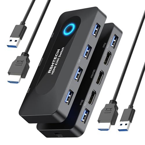 RSHTECH USB KVM Switch with 4K@60Hz HDMI and 4 USB-3.0 Ports, RSH-A301 | USB Switcher for 2 Computers Share Keyboard Mouse Printer and one HD Monitor with 2 USB-A Cables and 2 HDMI Cables - size: 5 Ports USB Switch