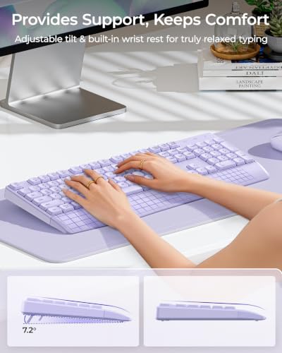seenda Wireless Bluetooth Ergonomic Keyboard Mouse Combo, Full Size, Purple | USB/Bluetooth multi-device switching, with wrist rest, number pad, and quiet operation for PC, laptop, Mac, MacBook, and iPad - color: Purple