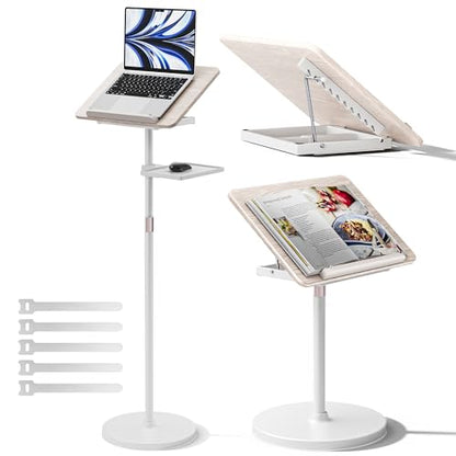 2 in 1 Adjustable Book Stand - Dual-Use Floor and Desktop Book Holder Stand, Height Adjustable 23.5-52 in, Elastic Page Clips for Music Sheet, Recipe, Tablet, Laptop-White - color: White