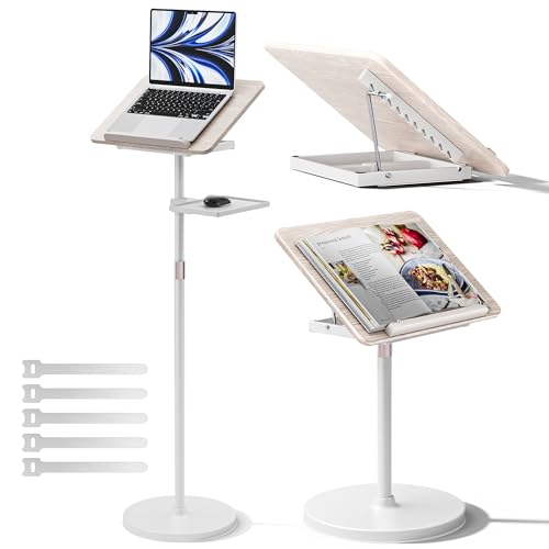 2 in 1 Adjustable Book Stand - Dual-Use Floor and Desktop Book Holder Stand, Height Adjustable 23.5-52 in, Elastic Page Clips for Music Sheet, Recipe, Tablet, Laptop-White - color: White