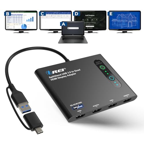 OREI SplitExtend HDMI Splitter Extended Display for Quad Monitor - Laptop Multiple Monitor Adapter with 4 Displays - USB-C to HDMI Adapter, 2X 4K@30Hz & 2X 1080p - Drivers Required - Windows/Mac - color: Raven Black