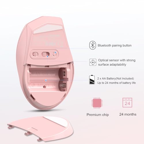 TECKNET Bluetooth Mouse, Wireless 6 Buttons 2-Yr Battery, Pink | BT 5.0/3.0, 6-Level DPI to 4800, Wide OS Compatible, Ergonomic for M/L Hands, Extended Battery - color: Pink