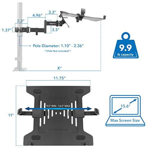 Mount-It! Laptop Pole Mount Tray | Full Motion Laptop Mount Fits Up to 15.6 Laptops | Universal Adjustable Steel Notebook Stand for Add On to Monitor Mounts