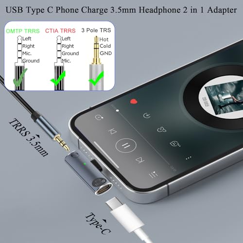 QIANRENON PD100W USB C Charging Headphone 2 in 1 Adapter USB Type C Male to Type C Female & TRRS 3.5mm Female Connector USB C Phone Fast Charge 3.5mm Headset Converter,with LED Light,Hanging Hole