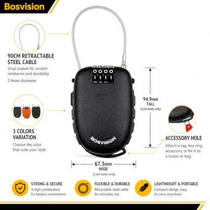 Bosvision Ultra-Secure 4-digit Combination Lock with 3 Feet Retractable Cable for Bike, Ski, Snowboard and Stroller - color: Black