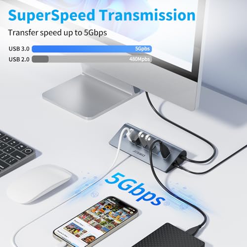 Powered USB Hub, JESWO 7-Port USB 3.0 Hub, Aluminum USB Data Hub with 3.3ft Cable, USB Hub 3.0 Powered with 5V/4A Power Adapter for MacBook, Notebook PC, USB-Flash Drives, Mobile HDD and More (Grey) - color: Grey
