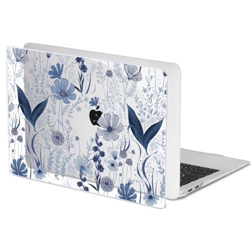Compatible with 2018 2019 2020 2021 MacBook Air 13 inch Case M1 A2337 A2179 A1932, Clear Printed Pattern Hard Shell Case & Keyboard Cover for Mac Air 13 M1 Touch ID, Navy Blue Wild Flowers - color: Navy Blue Wild Flowers
