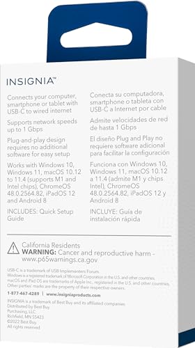 Insignia USB-C to Ethernet Adapter, Plug-and-Play Supports up to 1 Gbps High-Speed, Silver Black