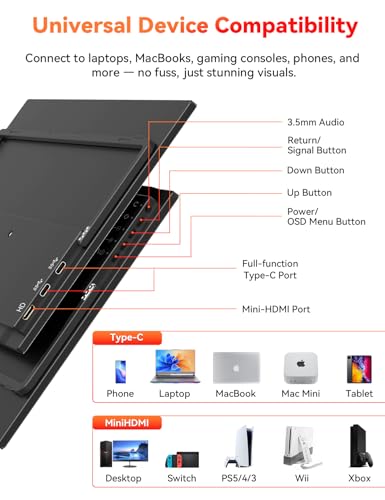 HotYeah Portable Monitor, 15.6-in 1080P FHD USB-C HDMI Laptop Monitor | HDR FreeSync IPS External Computer Display w/Kickstand & Speaker, 2nd Screen for Laptop PC Mac Phone Tablet Switch PS5 Xbox - size: 15.6