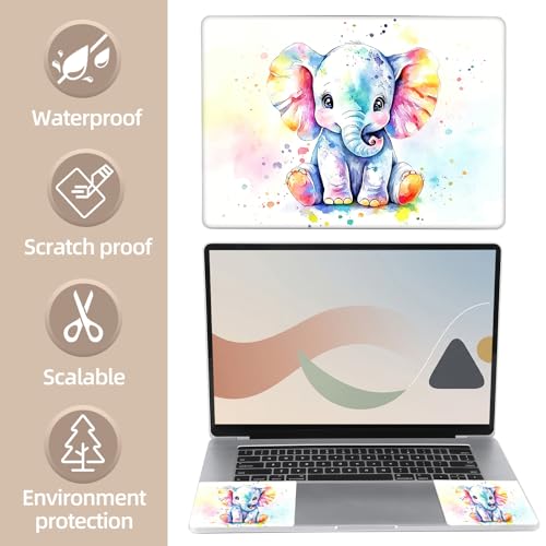 Universal Laptop Skin Sticker for 12/13/14/15.6 Inch Laptops, Reusable Vinyl Laptop Decal Cover, Waterproof Scratch Resistant Notebook Skin with 2 Wrist Pads,Watercolor Elephant - color: Watercolor Elephant