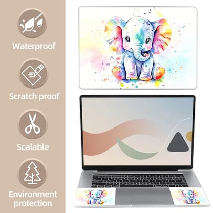 Universal Laptop Skin Sticker for 12/13/14/15.6 Inch Laptops, Reusable Vinyl Laptop Decal Cover, Waterproof Scratch Resistant Notebook Skin with 2 Wrist Pads,Watercolor Elephant - color: Watercolor Elephant