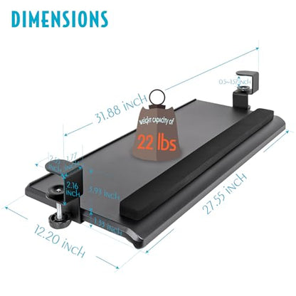 EHO Large Ergonomic C-Clamp Keyboard Tray Mount Under Desk with Wrist Rest, Slide-Out Platform 27.5" (31.8" Including Clamps) x 12.5", Pull Out Keyboard & Mouse Tray for Home or Office, Black - size: 27.5 inch, style: Keyboard and mouse tray platform with