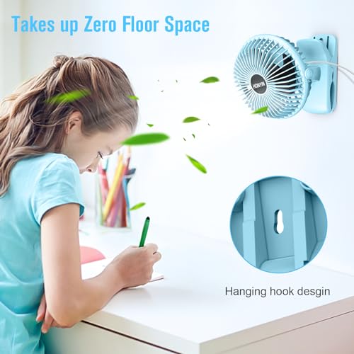 HONYIN 720° Rotation Small Desk, Hang & Clip on Fan by USB Plug In | Sturdy Clamp, 3 Speeds, Quiet Little Personal Cooling Fan for Bedroom Office Desktop Treadmill - color: Blue