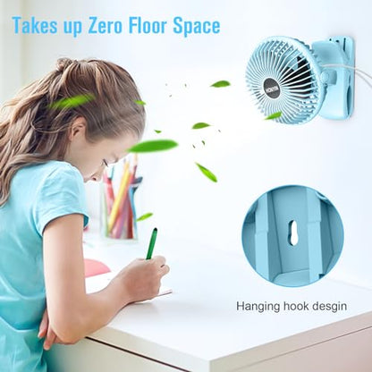 HONYIN 720° Rotation Small Desk, Hang & Clip on Fan by USB Plug In | Sturdy Clamp, 3 Speeds, Quiet Little Personal Cooling Fan for Bedroom Office Desktop Treadmill - color: Blue