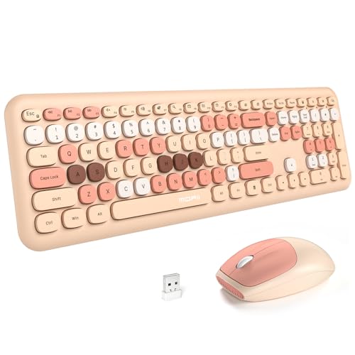 MOFii Wireless Computer Keyboard and Mouse Set, Colorful Full Size Keyboard with Number Pad and Silent Mouse for PC Desktop Windows (Milk Tea) - color: Milk Tea mixed