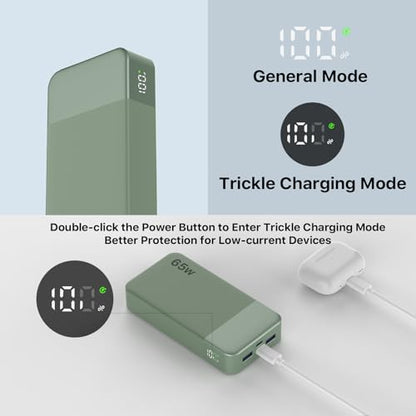 NOBIS 20000mAh Battery Pack Power Bank 65W Power Bank, Portable Charger with Digital Display, Dual USB-C/USB-A Fast Charging for Laptop, Phone, Tablet, Travel-Friendly External Battery Pack - color: Green