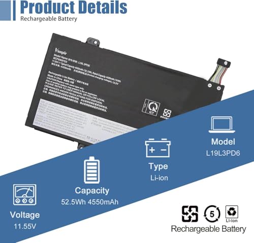 L19L3PD6 L19M3PD6 L19C3PD6 Laptop Battery Replacement for Lenovo Flex 5-15IIL05 5-14ARE05 5-14IIL05 Series 5B10X49072 L19D3PD6 5B10X49073 5B10X49075 5B10X49077 11.55V 52.5Wh 4550mAh - size: 11.2*3.8*0.2 inch L19L3PD6